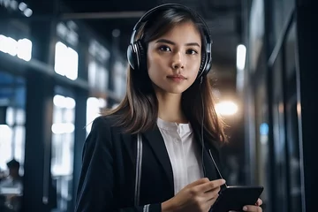 Foto op Plexiglas Beautiful smart businesswoman holding digital tablet while listening music with headearphones in the modern office. Generative AI © nenetus