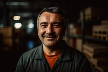Obraz premium Mature cheerful employee man looking at camera in workshop. Generative AI