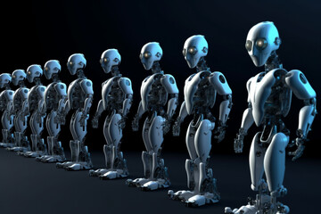 Obraz premium Small baby AI robots standing in a row indoors in a dark room waiting to work