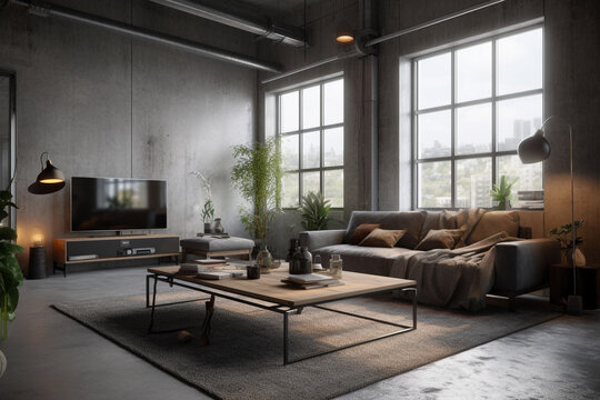Modern industrial living room loft with 3D render and concrete walls, Generative AI	
