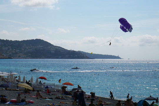 Parasailing and beautiful sea landscape in summer French Riviera, France