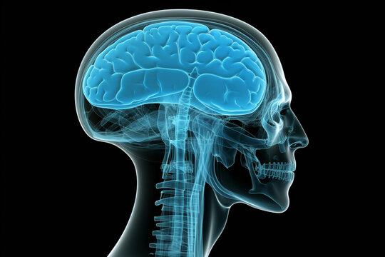 MRI magnetic resonance image of a human head, blue, view from the side