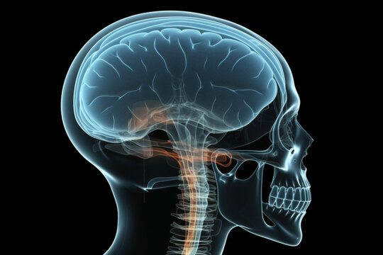 MRI magnetic resonance image of a human head, orange mark inside blue, view from the side