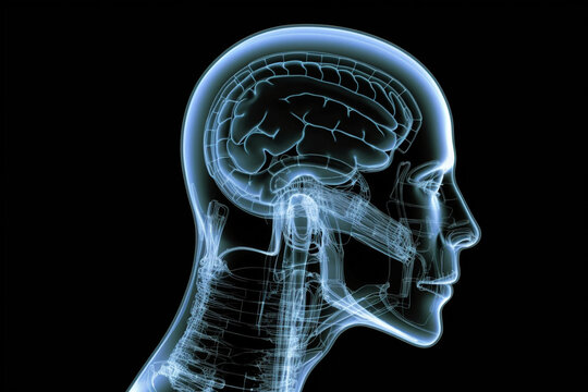 MRI magnetic resonance image of a human head, leans forward, blue, view from the side
