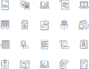 Book outline icons collection. Novel, Reading, Fiction, Textbook, Story, Library, Magazine vector and illustration concept set. Comic, Guide, Manual linear signs