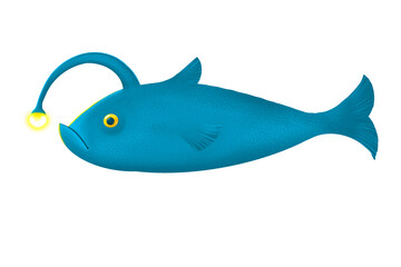Obraz premium Blue cartoon fish lantern. Cool marine character fish flashlight.