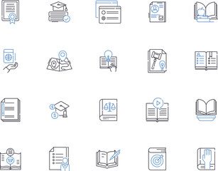 Book outline icons collection. Novel, Reading, Fiction, Textbook, Story, Library, Magazine vector and illustration concept set. Comic, Guide, Manual linear signs