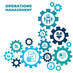 Operations management vector illustration. Blue concept related to organization, project planning and strategy, material flow, input and output