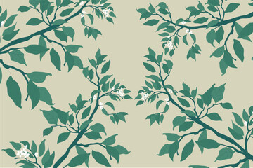 Seamless pattern of branches with leaves and small white flowers isolated on a beige background