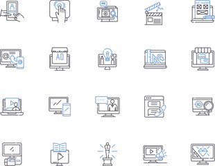 Media outline icons collection. Media, Journalism, Broadcasting, Newspapers, Radio, Television, Social vector and illustration concept set. Internet, Magazines, News linear signs