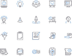Strategic management outline icons collection. Planning, Decision-making, Organizing, Leadership, Strategy, Analysis, Adaptation vector and illustration concept set. Implementation,Forecasting