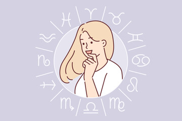 Wheel with signs of zodiac around young woman contemplating astrological prediction