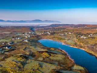 Aerial view of Lough fad in the morning fog, County Donegal, Republic of Ireland