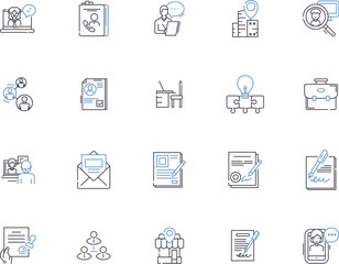 Recruitment outline icons collection. Hiring, Interviews, Staffing, Job-seeking, CVs, Candidates, Skills vector and illustration concept set. Resumes, Networking, Outreach linear signs