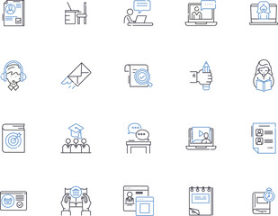 Learning outline icons collection. Instruction, Education, Enrichment, Schooling, Tutoring, Knowledge, Training vector and illustration concept set. Skills, Comprehension, Acquirement linear signs
