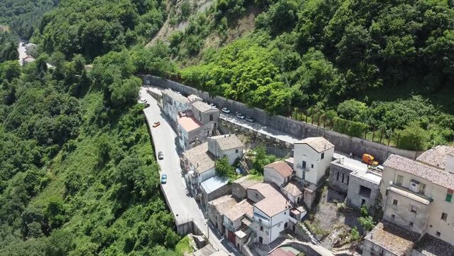 Aerial view of a road near buildings in the mountains of San Fele, Basilicata, Southern Italy