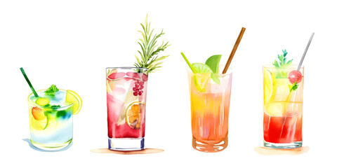 Set of watercolor cocktails. Isolated glasses with alcohol drinks on white background.