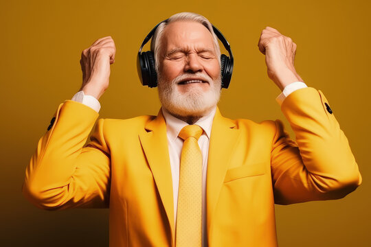 senior man in suit, enjoying listening to music with modern headphones , eyes closed. Smiling with raised hands. Generative AI