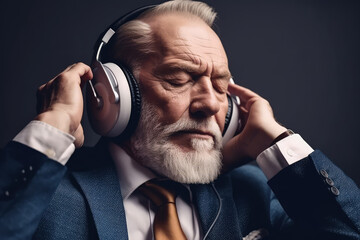 senior man in suit, enjoying listening to music with modern headphones , eyes closed. Smiling with raised hands. Generative AI