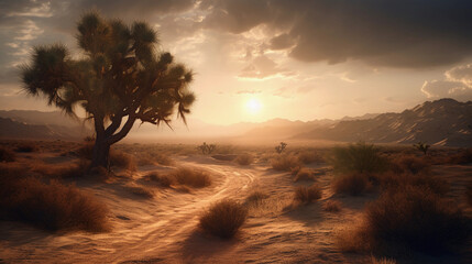 Sunset landscape in Mojave desert, clouds, sun