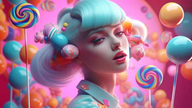 illustration of a cute girl in loli pop style with colorful candies. .Generative AI