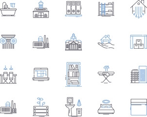 Home furniture outline icons collection. Sofa, Bed, Table, Chair, Couch, Mattress, Chest vector and illustration concept set. Wardrobe, Stool, Bookshelf linear signs