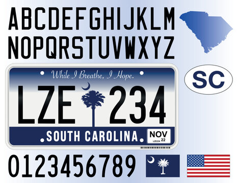 South Carolina car license plate new style 2016, letters, numbers and symbols, vector illustration, USA