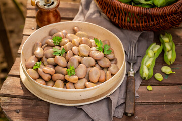 Boiled broad beans with parsley. Organic vegetables in home garden.