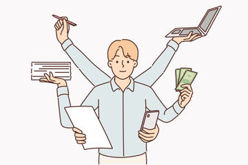 Multitasking businessman with many hands doing several things at same time wanting to be productive 