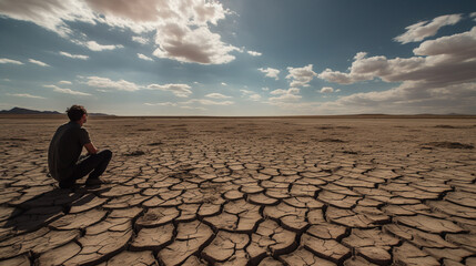 Senior man sitting in the dry arid land. Global warming concept Generative AI