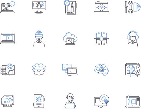 Web programming outline icons collection. Web, programming, HTML, CSS, JavaScript, AJAX, XML vector and illustration concept set. PHP, MySQL, JQuery linear signs