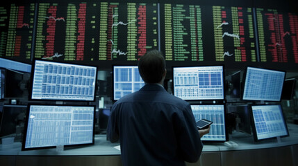Fototapeta premium Businessman using mobile phone in front of monitor, stock market concept Generative AI