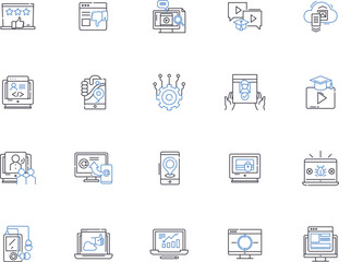 Business software outline icons collection. Accounting, ERP, CRM, Office, Purchasing, Invoicing, Planning vector and illustration concept set. Analytics, Reporting, Bookkeeping linear signs