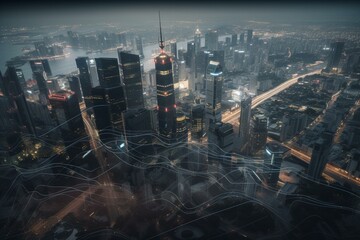 Image of statistical and stock market data processing against aerial view of cityscape. Generative AI
