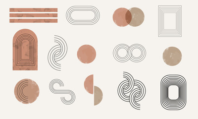 Hand drawn abstract minimal element mid century vector set. Aesthetic contemporary stripe line art, watercolor geometric shapes in nude colors. Art form design for wall art, decoration, wallpaper