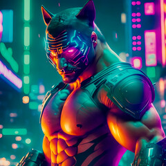 A strong upper body shot of a 30-year-old man in a tiger costume with green eyes and sharp eyes is in a fighting pose. A vibrant night city with futuristic cyberpunk neon lights. Precise detail in 4k.