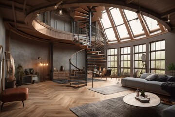 Fototapeta na wymiar Attic Loft Conversion With Spiral Staircase & Living Room - panoramic 3d visualization. Generative AI