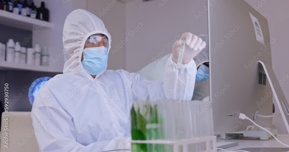 Poster covid, computer and sample with a man scientist working in a laboratory for research or innovation. 
