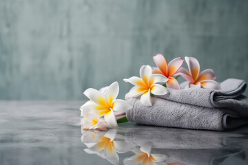 Spa concept with stones and plumeria. Super photo realistic background, generative ai illustration