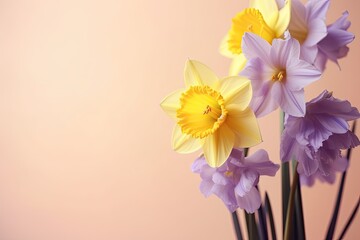 yellow daffodils and bluebells on peach background with copy space.