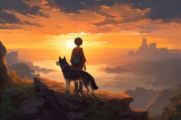 A boy and his puppy looking at the sunset, anime, fantasy, generative ai