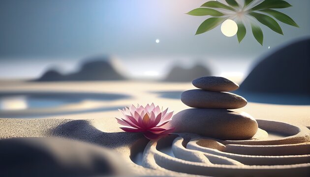Balance and relaxation background, balancing pebbleson sand with flower, Ai based