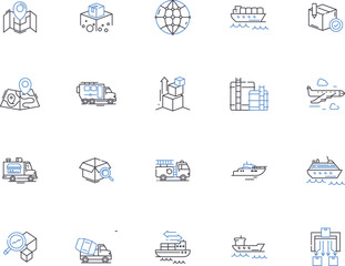 Shipping outline icons collection. Transportation, Cargo, Delivery, Movement, Mail, Ocean, Air vector and illustration concept set. Logistics, Parcel, Services linear signs