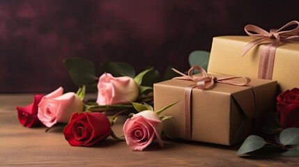 Roses with gifts and copy space for text, background for special celebration like valentine's day, women's day and mother's day etc.