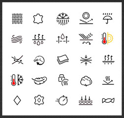 Set of icons for protective material. Vector elements on white background. Ideal for outerwear, industrial,  jackets, pads, diapers, napkins, shoes, etc. EPS10.	