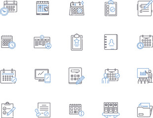 Time and date outline icons collection. Time, Date, Calendar, Clock, Hour, Minute, Second vector and illustration concept set. Day, Month, Year linear signs