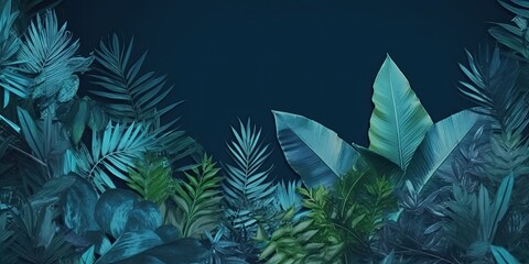 Fototapeta na wymiar Collection of tropical leaves foliage plant in blue - generative ai