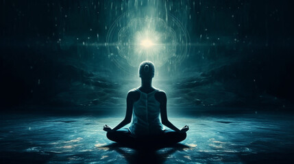 meditating in lotus pose with light beam above her head. spirituality meditation - obrazy, fototapety, plakaty