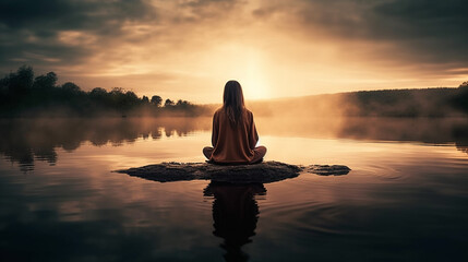 Naklejka na ściany i meble Young woman meditating on a rock on the lake at sunset. spirituality meditation Generative AI