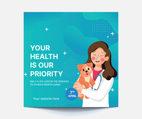 World Health Day. Vector illustration, doctors, pills, creative idea with health, heart and stethoscope for april 7th holiday, facebook post or background